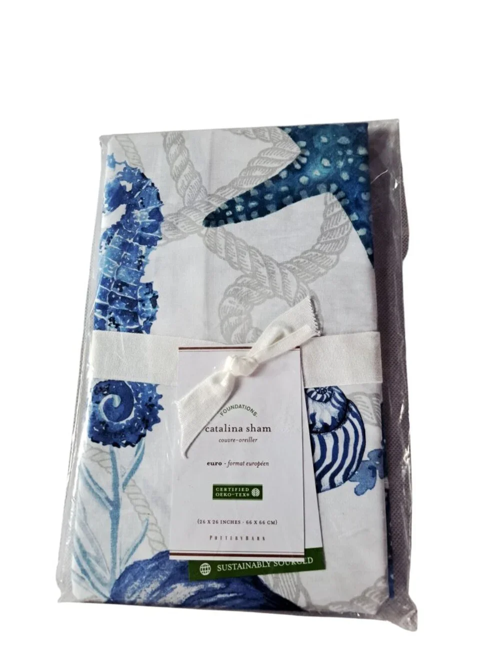 Pottery Barn (1) Catalina Coastal Cotton Euro Pillow Sham Blue Multi NWT